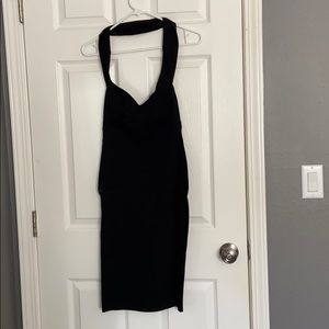 Off the shoulder, open back, black dress